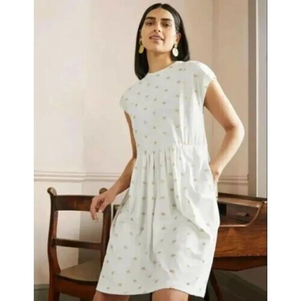 Boden Womens Knee length Dress UK 14R US 10 R White Gold Floral Foil D0143 NWT